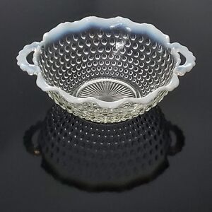 1940s "Moonstone" Opalescent Hobnail 6" Crimped Rim Handled Bowl